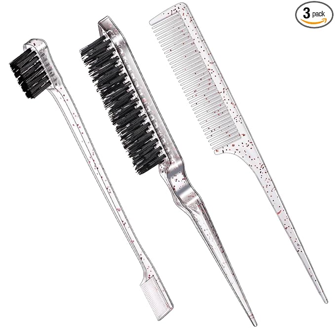 Geiserailie 3 Pcs Slick Back Hair Brush Set Bristle Brush Edge Control Teasing Comb for Women Black Hair(Clear Colorful)