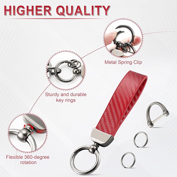 JUSTTOP Leather Keychain, Carbon Fiber Car Key Chain with Anti-Lost D-Ring and 2 Key Ring, Keychain Wristlet, Car Accessories, Universal Keychain for Men and Women (Red)