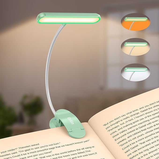 Gritin Rechargeable Book Light for Reading in Bed with 19 LED | Eye Caring 3 Color Temps, 5 Brightness Levels, Memory Function, 90 Hrs Runtime Flexible Goose Neck Clip on Light-Cyan