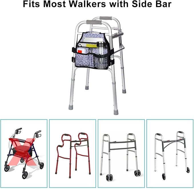 supregear Side Walker Bag, Walker Accessories Bag w/Cup Holder, Folding Walker Basket Waterproof Walker Organizer Caddy Pouch for Most Walker with Side Bar for Seniors, Elderly, Double Sided