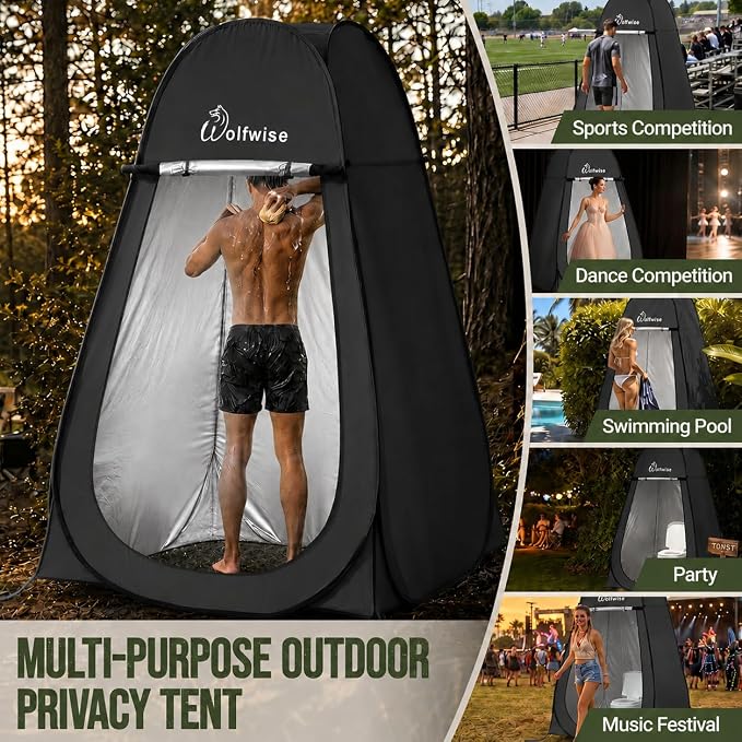 WolfWise Pop Up Shower Tent for Camping Essentials, Compact & Lightweight | Portable Instant Changing Tent with Window & Carry Bag, Privacy Dressing Room Bathroom for Outdoor, 6'3"/6'11" H