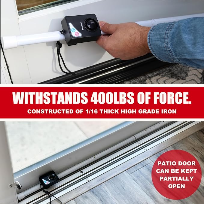 Securityman Door Security Bar with Alarm (Detachable) - 120dB Siren Door Stopper Alarm - Adjustable Jammer & Patio Bar - Strong, Withstands 400lbs - Home Protection
