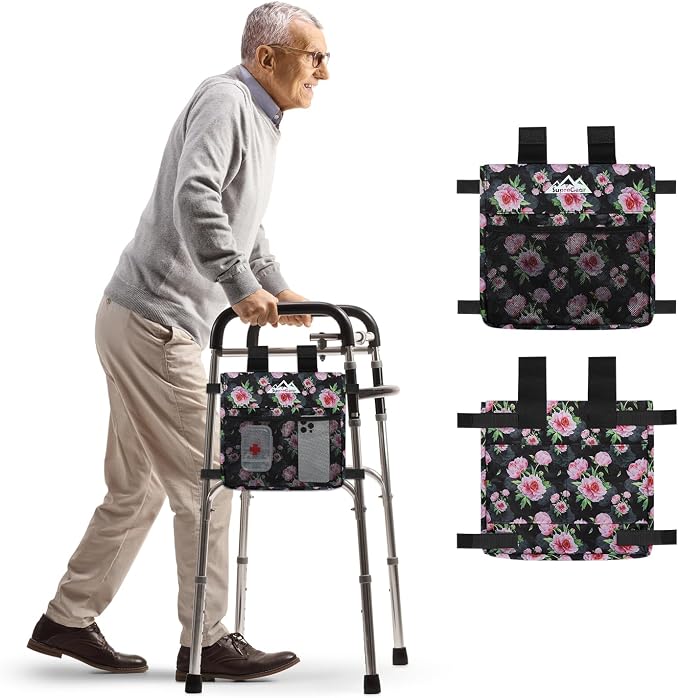 supregear Walker Side Bag, Multi Pocket Storage Pouch for Folding Walker, Water Resistant Lightweight Hand Free Carrier Tote, Universal Size Seniors Caddy Attachment
