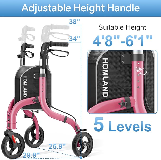 HOMLAND Foldable 3 Wheel Walkers for Seniors, Lightweight 10.4 lbs | with Cane & Cup Holder, Height Adjustable, 8'' big wheel, Ruby Red
