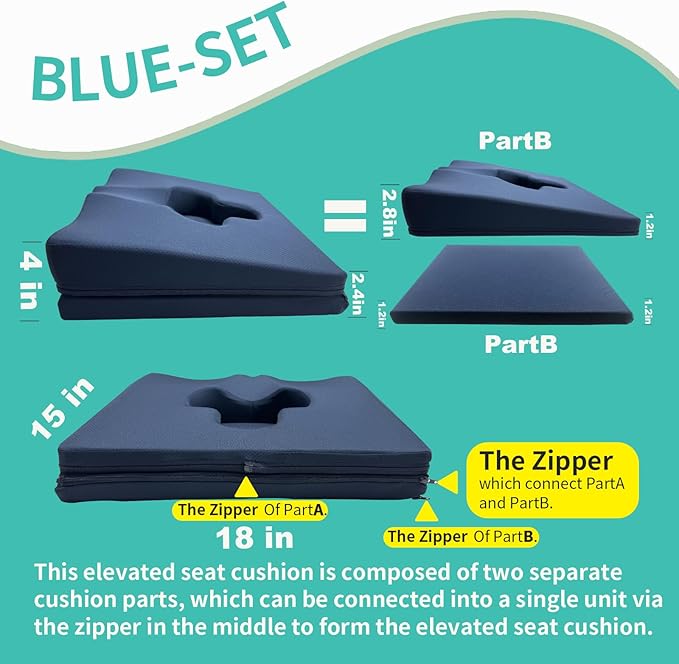Gel Wheelchair Seat Cushion,Bed Sore Cushions for Butt,Sciatica,Coccyx,Pressure Sore & Ulcer Pain Relief Butt Pillow for Office Chair,Removable&Washable (Thickened&Support-Enhanced Set Blue)
