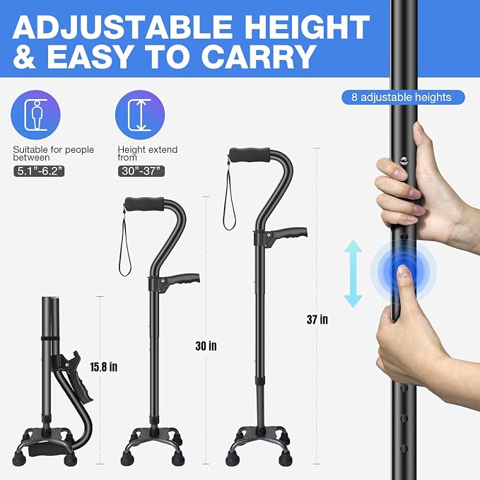 Quad Cane, 4 Prong Walking Cane for Men & Women, Heavy Duty| Adjustable Walking Canes for Seniors Balance, Self Standing Cane with Ergonomic Handle(330lb)