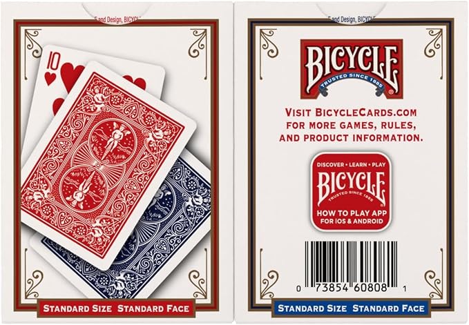 Bicycle Playing Cards 2 Pack Standard Poker Size Red and Blue | Air-cushion finish, Over 130 years trusted, 52 cards plus 2 Jokers per deck, Great for poker and rummy