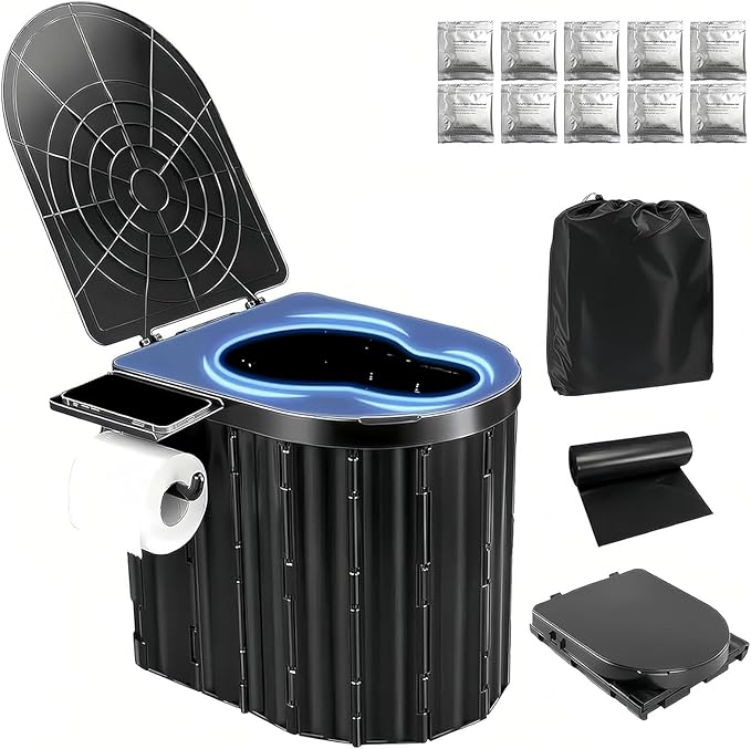 UOPBYEA Portable Camping Toilet for Adults With Urine Gel & Leak-Proof Bags | Washable, 12-Inch Extra Wide Seat, With Handle and Bracket, For Camping, Tent, Outdoor, Travel, RV, Car, Beach, Trucker, Boat