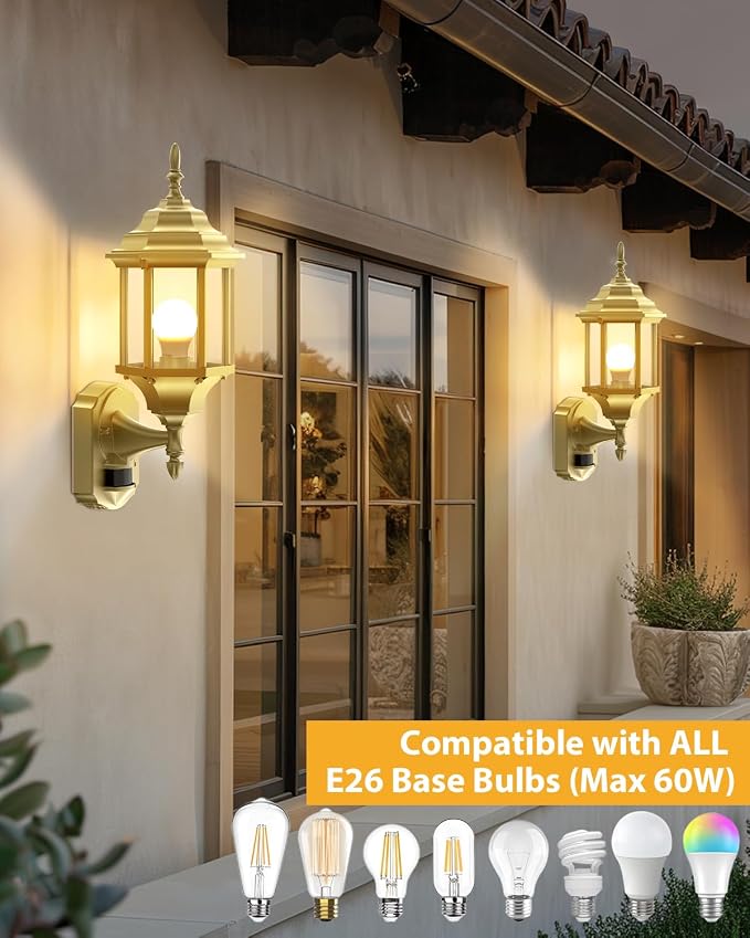 Redluck Motion Sensor Outdoor Wall Light Fixtures, 2Pack Outdoor Wall Lamps | Dusk to Dawn, Anti-Rust, Waterproof Aluminum Frame, Tempered Glass & Classic Exterior Porch Lights for House Garage, Gold