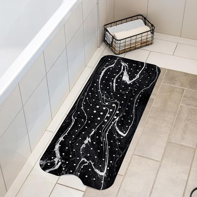 LNOND Marble Bath Tub Mat Non Slip, Extra Long 40 X 16 Inch Anti Slip Mat for Bathtub, Abstract Black White Marble Shower Mat with Drain Holes and Suction Cups, Machine Washable