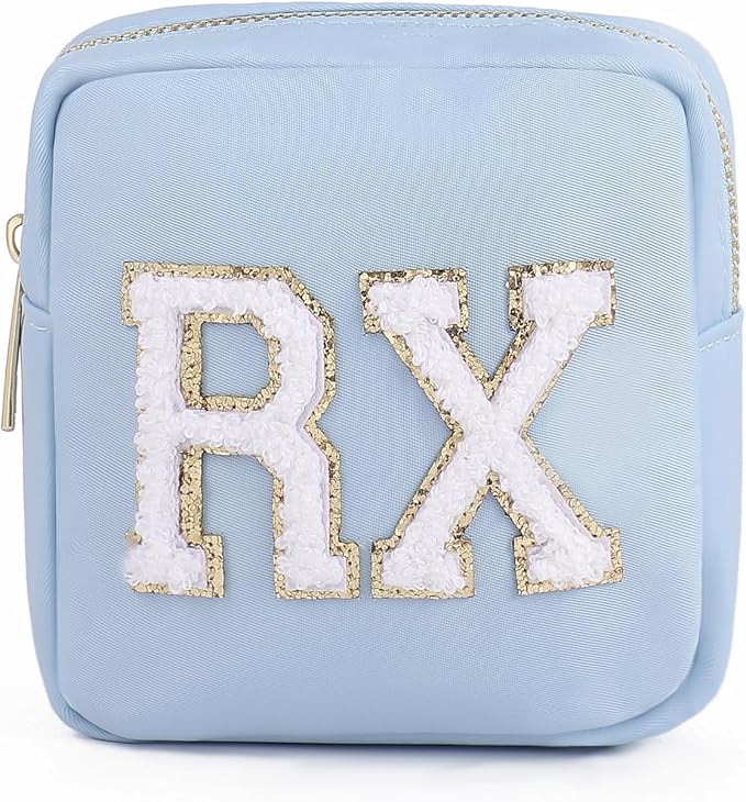 uekeboag Personalized Small Nylon Rx Cosmetic Bag, Cute Chenille Letter Patch Medicine Drug Pouch with Zipper,Preppy Makeup Travel Vitamin Bag for Women and Girls(Light Blue)