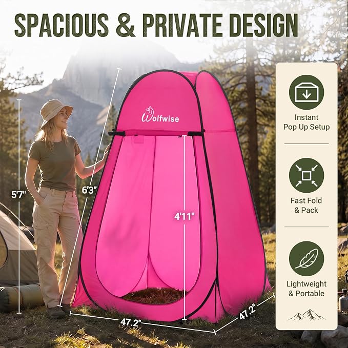 WolfWise Pop Up Shower Tent for Camping Essentials, Compact & Lightweight | Portable Instant Changing Tent with Window & Carry Bag, Privacy Dressing Room Bathroom for Outdoor, 6'3"/6'11" H