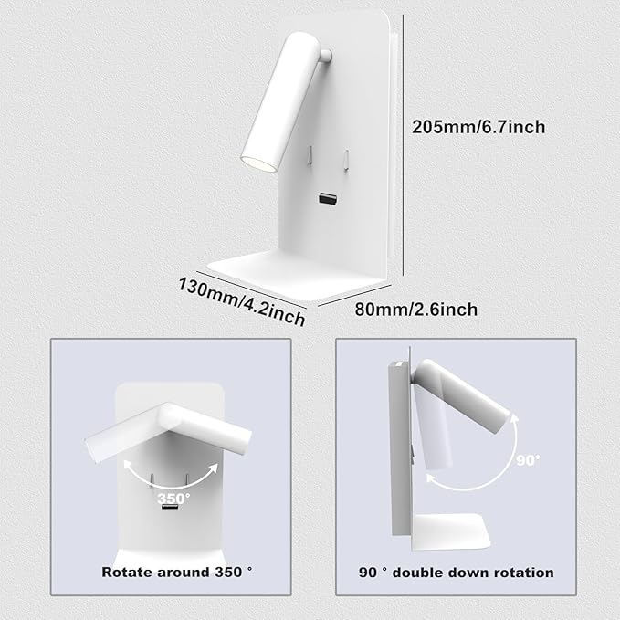 ZEROUNO Plug in Wall Light Bedroom Wall Mounted Reading Light LED Bedside Sconces with Switch USB Port Wall Lighting Lamps 3000K(White)