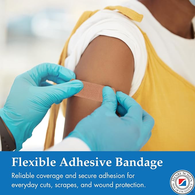 Henry Schein Adhesive Fabric Strip Bandages 1" x 3", Sterile, 100 Ct | Latex Free, Tan, Non-Stick Pad, Everyday Cuts and Scrapes, 100 Count Box, Perfect for First Aid Kits, Home and Medical Use