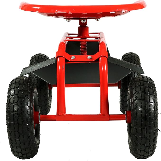 Sunnydaze Rolling Garden Cart with Swivel Seat and Storage, Red | Steel Rolling Gardening Seat with Utility Tray, and Basket for Storage, Rotating, Swiveling Motion