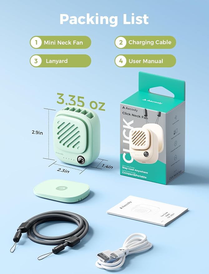 Aecooly Mini Portable Neck Fan, Mighty Hands Free Fan, Magnetic Fit | USB Rechargeable [10H Max Cooling Time], Personal Battery Powered, Pocket for Travel, Summer, Gifts for Women -Green