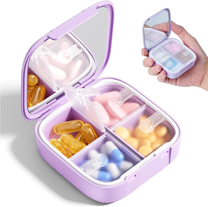 Travel Pill Organizer for Women, Cute Pill Box with Mirror | Compact,Waterproof,Bpa-free,Stylish,4 Compartment