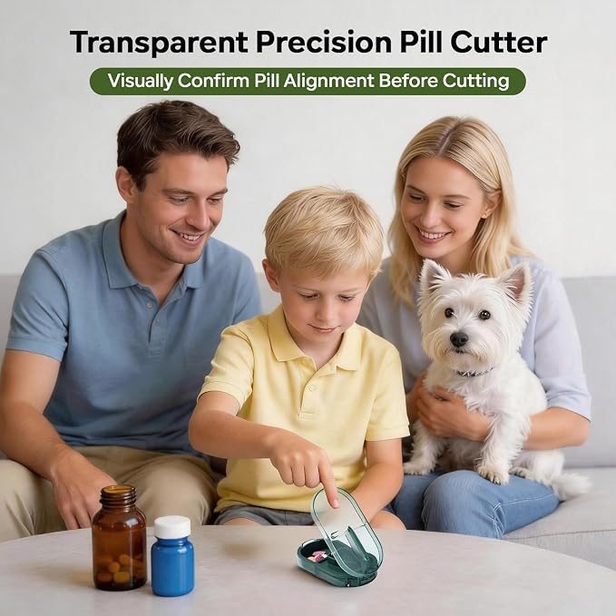 Pill Cutter Splitter with Precise Cutting for Large, Small & Tiny Pills | with Removable Silicone Pad, Easy-Cut Stainless Steel Blade for Tablets, Vitamins, Medication, Portable, Compact Size, Green