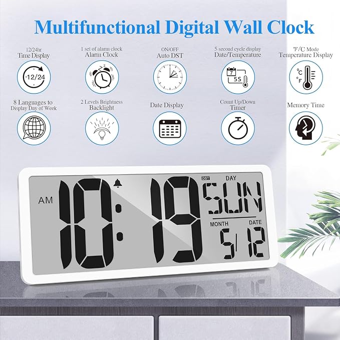Large Digital Wall Clock with Backlight 15.2 Inch Digital Alarm Clock for Bedroom Wall Clocks Battery Operated Large Display with Temperature Desk Clocks for Office Living Room Decor