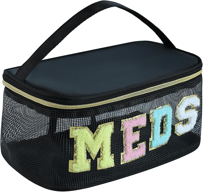 Medicine Bag, Portable Meds Bag with Chenille Letters, Breathable Mesh Makeup Bag Organizer for Travel, Pill Storage & Cosmetic Collection