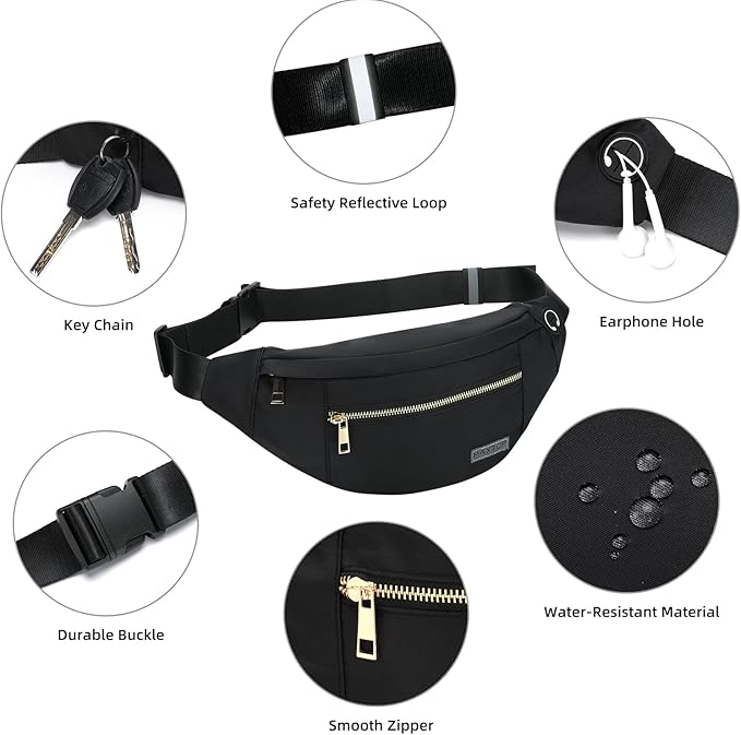 Fashion Cross body Fanny Pack Shoulder Bag for Women Men with Gold Zipper | 4-Zipper Pockets, Versatile,Fit All Phones,Key Chain,Gifts for Enjoy Sports Yoga Festival Workout Running Casual