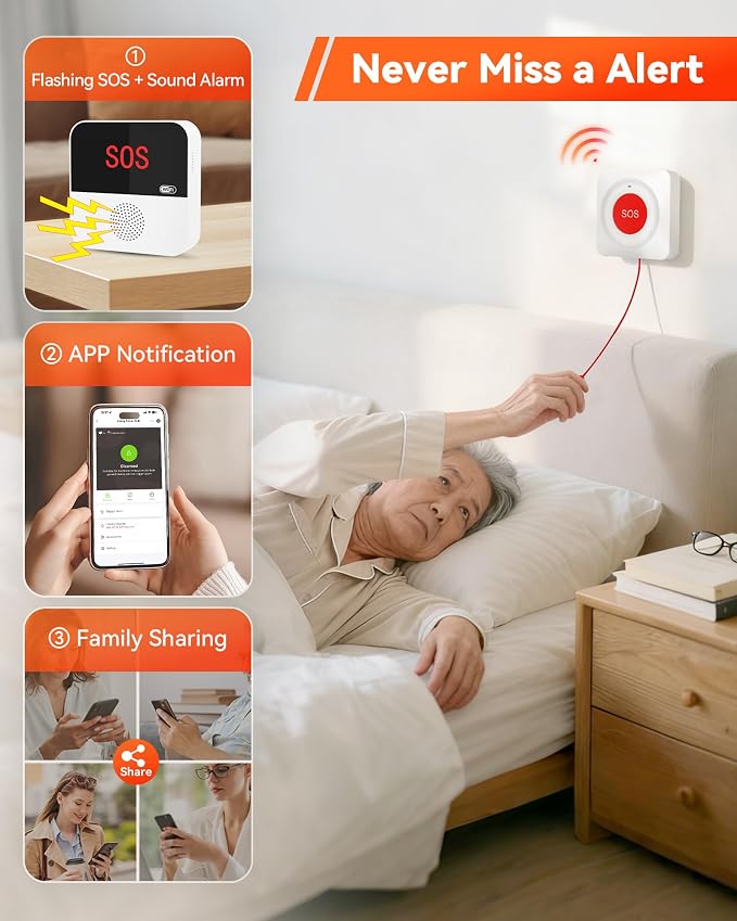 PILSAMAS WiFi Caregiver Wireless Call Button System - 2 Lanyard + 1 Pull Cord Emergency Button, No Monthly Fee APP Alert, Custom Names/Tones, Elderly Safety for Mobile, Bathroom & Bedside Care