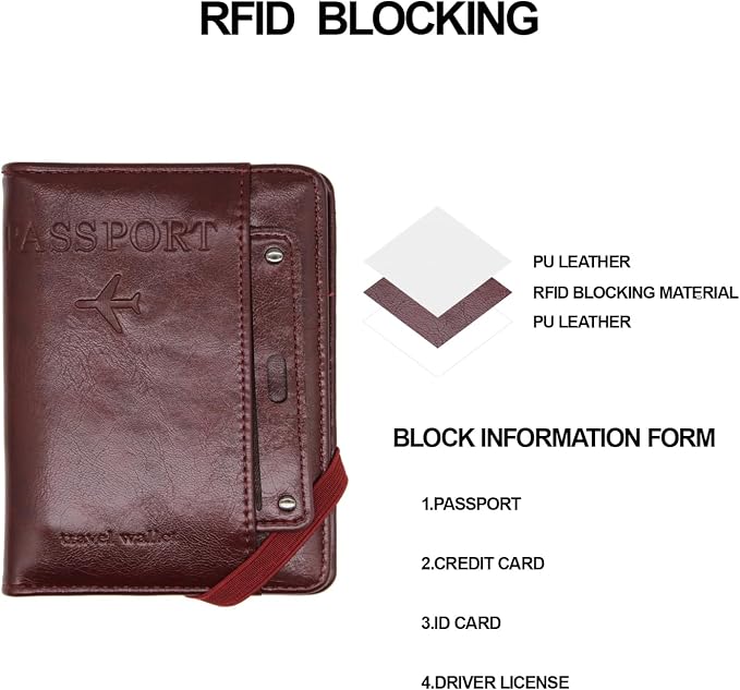 RFID Passport Wallet, RFID Passport Holder for Wallet, Essential Travel Anti-Theft Wallet Storage Case, Anti-Theft Protective Case，Burgundy