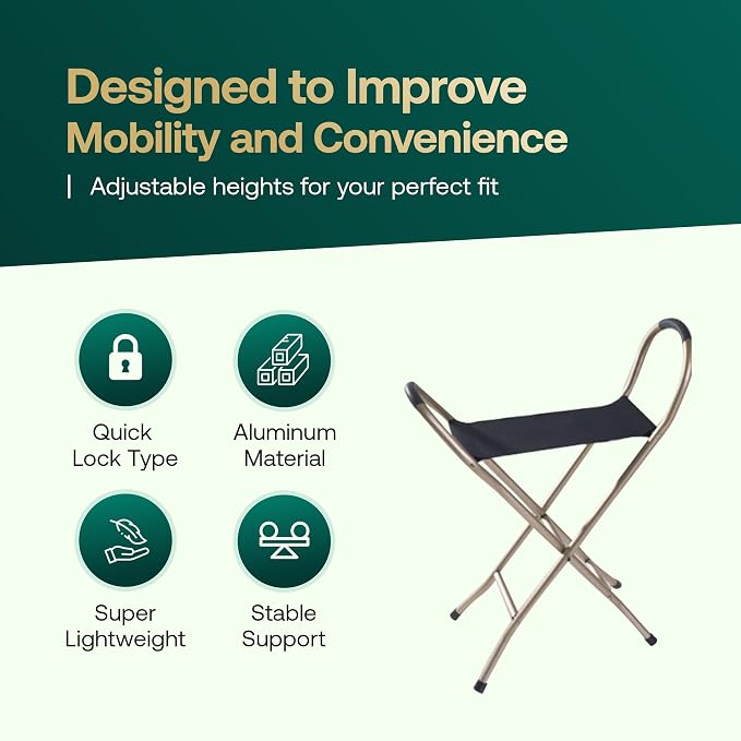 Walking Cane with Seat Folding Lightweight - Portable Walking Stick with Seat for Seniors, Seat Cane with Chair with 4 Non-Slip Legs & Comfortable Handle, 21” Cane Chair with 250 lb Weight Capacity