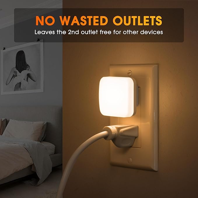 LED Night Light Plug into Wall, 2 Pack, Nightlights With Light Sensor Dusk to Dawn, 0.3W Square Plug in Night Lights for Kids, 3000K Warm White Night Light for Travel Bathroom Bedroom Kitchen