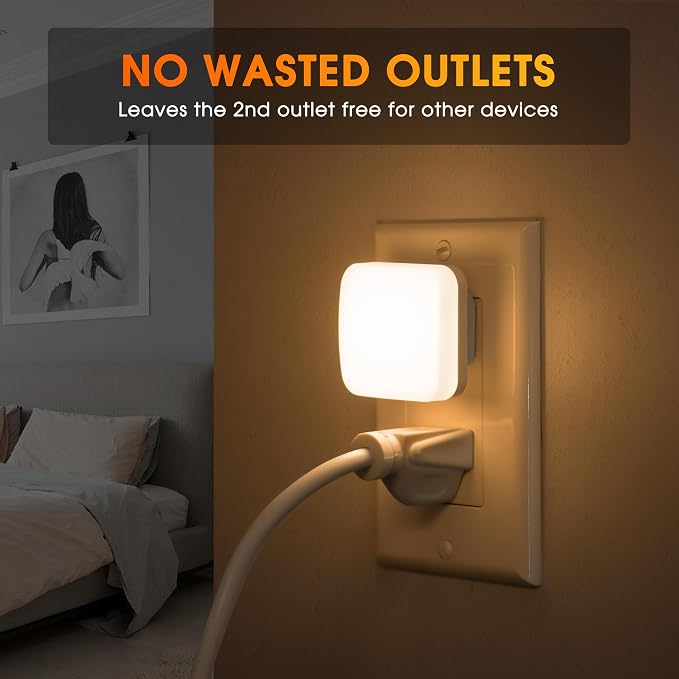 LED Night Lights Plug into Wall, 4 Pack Nightlights With Light Sensor Dusk to Dawn, 0.3W Square Plug in Night Light for Kids, 3000K Warm White Night Light for Bathroom Bedroom Kitchen, Night Lights