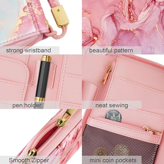 Family Passport Holder Wallet RFID Blocking Document Organizer | PU Leather Mulit-purpose Travel Wallet Credit Cards Case for Women Men, Pink Marble