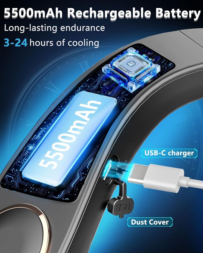 FWV Neck Fan with Cooling Plate, Quiet 30dB, 3-24Hrs Cooling,5500mAh Battery,LED Display Necklace AC Cooler, USB Bladeless Portable Personal Wearable Fans that Blow Cold Air for Men Women Kids Black