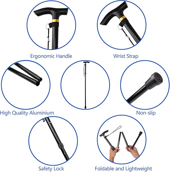 Walking Cane, Folding Cane for Man & Women, Portable Lightweight | 5-Level Adjustable Height, Collapsible Cane for Seniors Balancing Mobility Aid