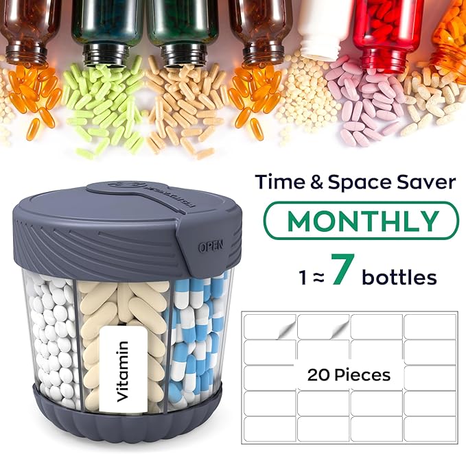 Large Pill Dispenser, Portable Pill Bottle Organizer for 7 Vitamins, Anti-Mix Supplement Organizer with Easy Twist Wide Opening, BPA-Free Pill Container, 20 Pcs Labels Included, Gray