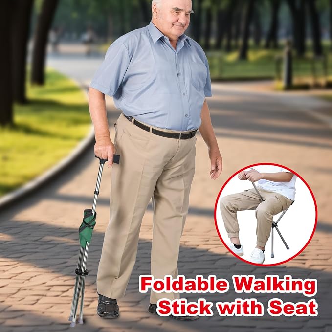Cane with Chair - 50cm Oxford Cloth Walking Stick, Anti Slip Mobility Aid Stool, Fold Seat for Elderly Adults, Steel Frame Oxford Cloth Support | Portable Travel Hiking Camping Outdoor Convenient