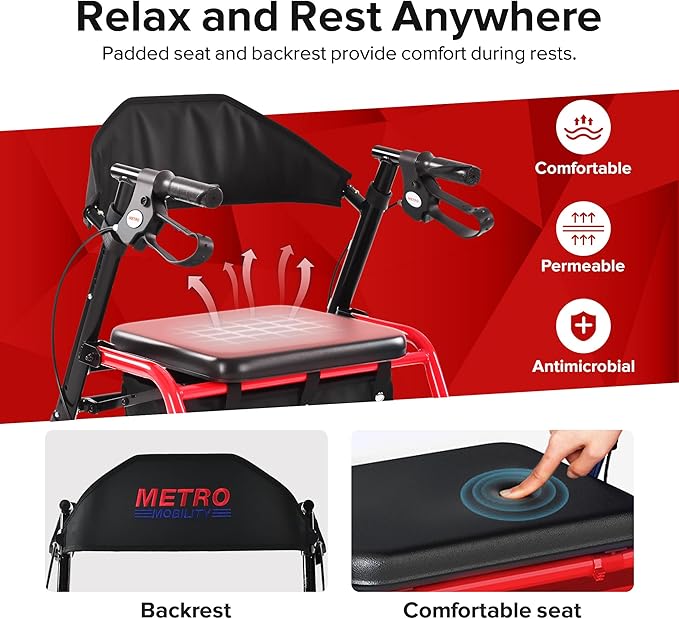 Metro Mobility Rollator Walker with Seat for Seniors, Foldable Lightweight Rolling Walker, 8" Big Wheels for All Terrain, 300 lb. Weight Capacity, Red