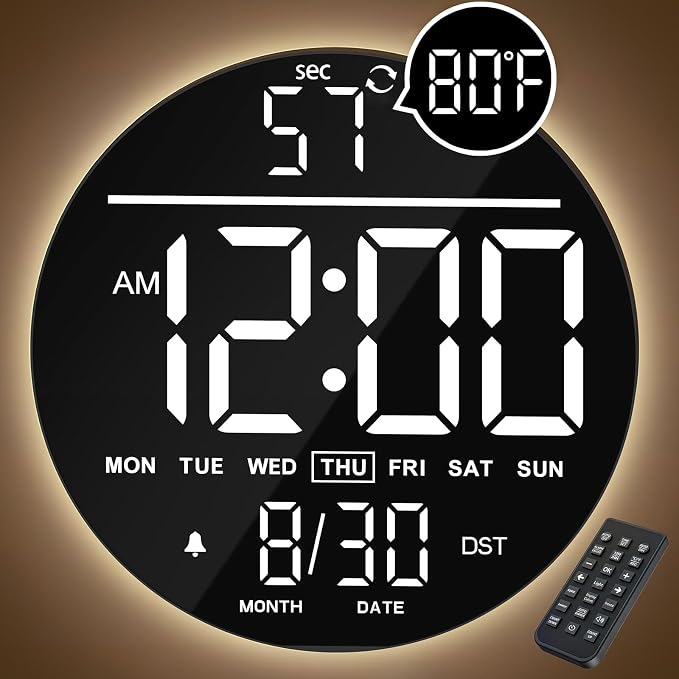 JALL 10" Large Digital Wall Clock with Seconds, Alarm Countdown Timer, Big LED Display, RGB Color, DST, Temperature, Mounted for Bedroom Living Room Office Classroom Gym, Xmas Birthday Gift, White