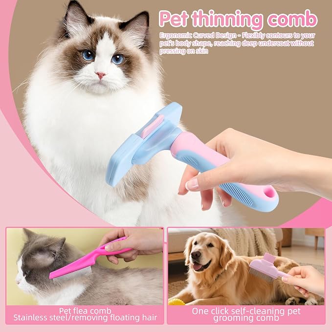 Aglads 12PCS Cat Rabbit Bunny Dog Grooming Kit,Self-Cleaning Slicker Brush&Deshedding Tool,Dematting Comb,Nail Clipper&File,Electrostatic Hair Removal Gloves,Complete Pet Grooming Supplies(12, pink)