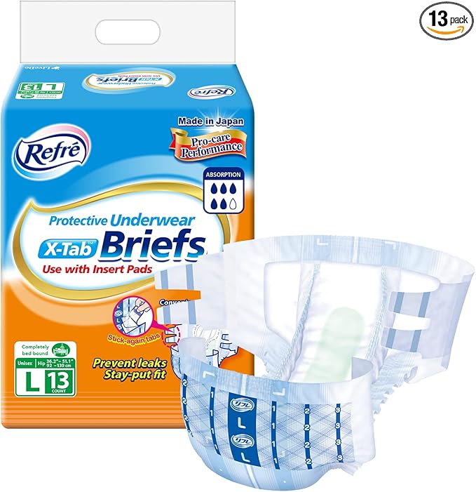 Refré X-Tab Briefs - Unisex Protective Underwear - Disposable Tabbed Incontinence Pants - Ultra Absorbent & Odor Control Adult Diapers with Stick Again Fasten Tabs - Large (Hip 36.2"-51.1") - 13 Ct