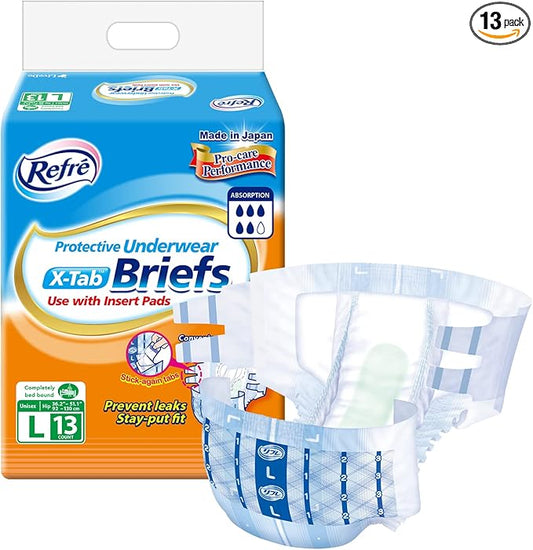 Refré X-Tab Briefs - Unisex Protective Underwear - Disposable Tabbed Incontinence Pants - Ultra Absorbent & Odor Control Adult Diapers with Stick Again Fasten Tabs - Large (Hip 36.2"-51.1") - 13 Ct
