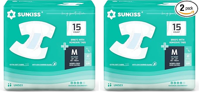 SUNKISS TrustPlus Adult Diapers with Maximum Absorbency, Unisex Disposable Incontinence Briefs with Tabs for Men and Women, Odor Control, Medium, Previously S/M, 15 Count (Pack of 2)