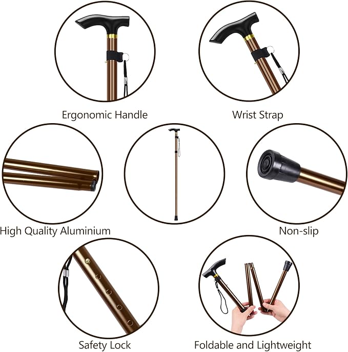 Walking Cane, Folding Cane for Man & Women, Portable Lightweight | 5-Level Adjustable Height, Collapsible Cane for Seniors Balancing Mobility Aid