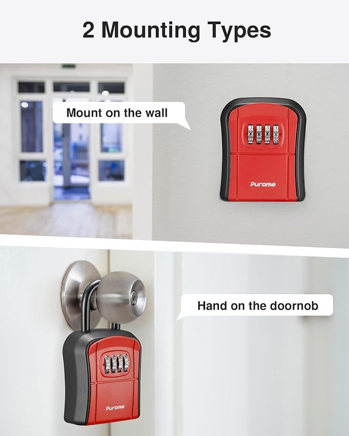 Puroma Key Lock Box Outdoor 4 Digit Code Combination Lockbox House, 1 Red | For Contractors Guest Realtor Storage Keys, Portable, Home Wall Mount, Resettable, Combination, Weatherproof, High-capacity