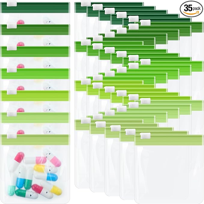 Sherr 35 Pcs Pill Pouch Bags with Zipper Pill Pouch Set Travel Reusable Translucent Medicine Organizer Self Sealing Plastic Bag with Slide Lock for Storage(Gradient Green,3 x 3 Inch,Blank Style)