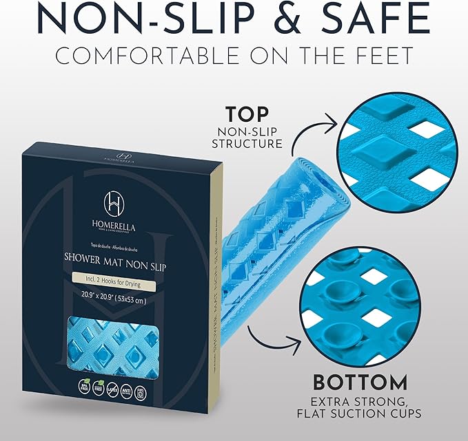 homerella® Shower Mat Non Slip Anti Mold, Non Slip Shower Mats for Inside Shower Stall Anti Slip Mat, Square Shower Floor Mat 21 x 21 in with Suction Cups & Hooks for Quick Drying, Machine Washable
