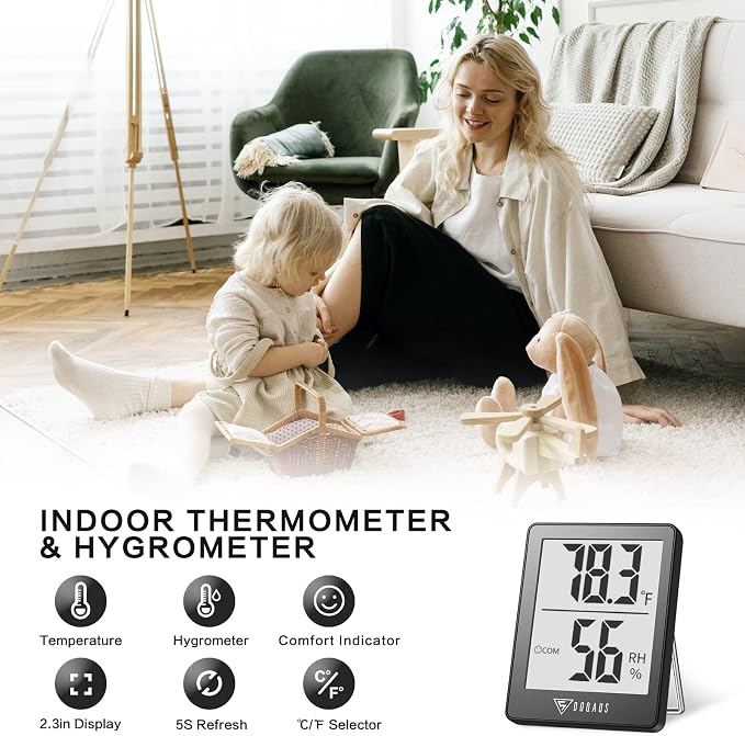 DOQAUS Digital Hygrometer Indoor Thermometer Humidity Meter, Grey | Mini Room Thermometer, 5s Fast Refresh, Accurate Temperature and Humidity Monitor for House, Baby Room, Greenhouse, Incubator