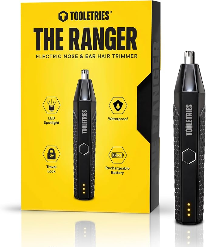 TOOLETRIES The Ranger Nose & Ear Hair Trimmer for Men - Black | Rechargeable waterproof trimmer with stainless steel dual-edge blades, LED spotlight and travel lock.