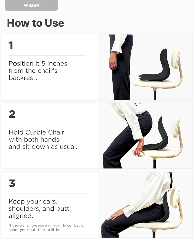 Curble Wider(Standard Wide) – Ergonomic Lower Back Support, Lumbar Support Back Posture Corrector for Low Back Pain Relief, Perfect for Home Office Desk Chair, and Floor Seat, Patented (Black)