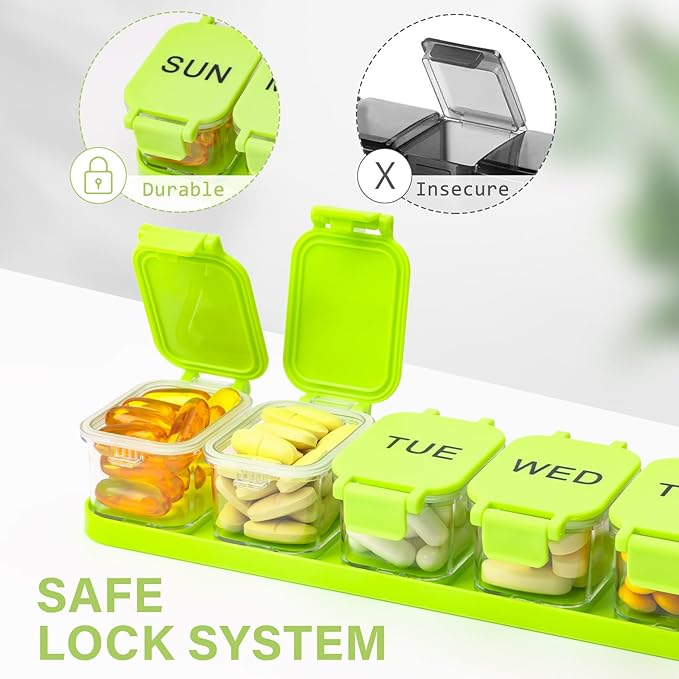 Extra Large Weekly Pill Organizer - Waterproof 7-Day Pill Box, Portable Vitamin & Supplement Case, Easy to Open Design, Ideal for Travel a nd Daily Medication Management (Green)