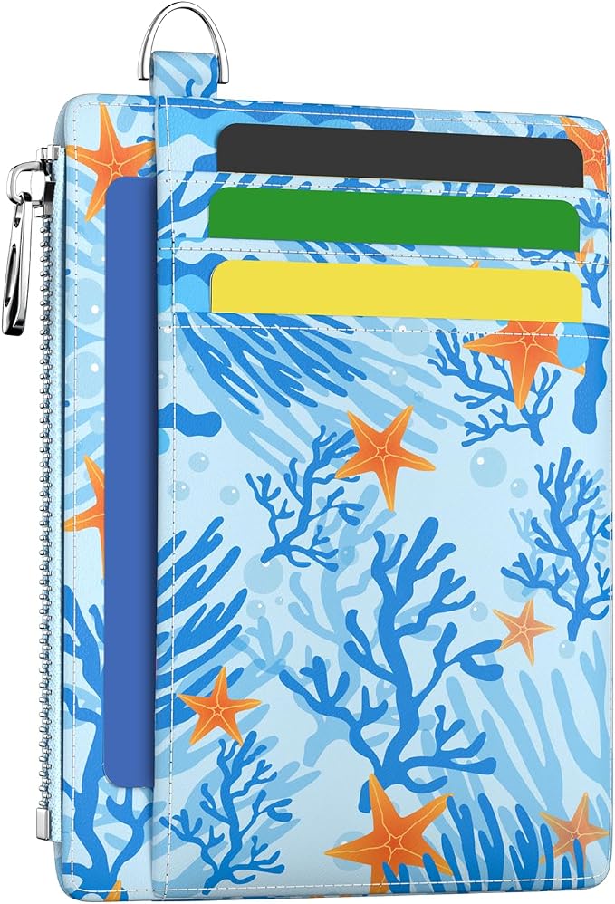 Hancynir Ocean Sea Starfish Slim Wallet Women Credit Card Holder RFID Small | Zipper Pocket Wallet, Thin Travel Coin Purse, Ladies Women Gifts, Minimalist Card Case, 6 Card Slots, ID Window, PU Leather